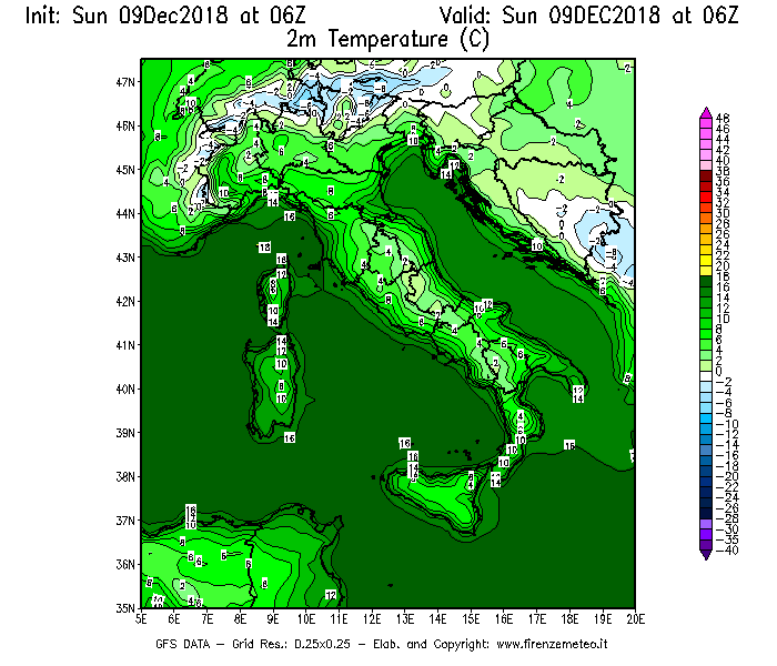 Mappa di analisi GFS - Temperatura a 2 metri dal suolo [°C] in Italia
									del 09/12/2018 06 <!--googleoff: index-->UTC<!--googleon: index-->