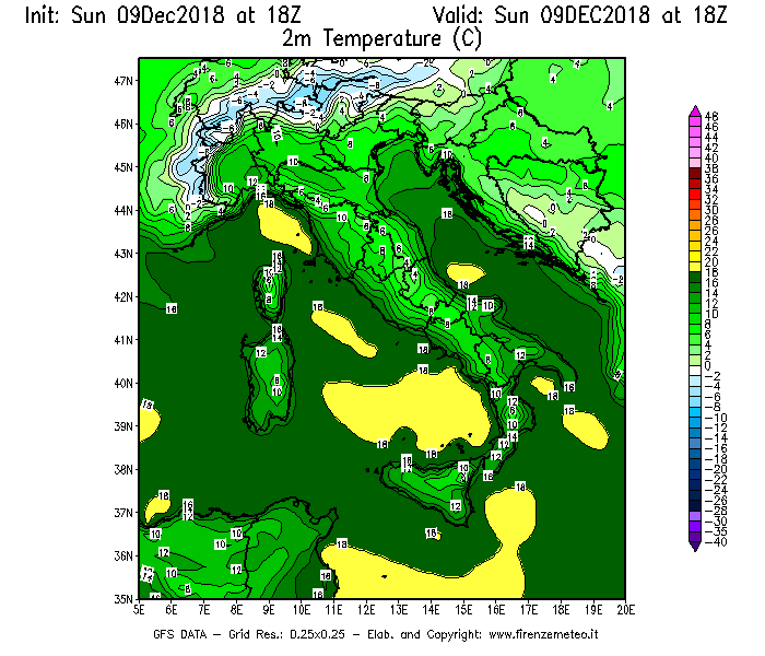 Mappa di analisi GFS - Temperatura a 2 metri dal suolo [°C] in Italia
									del 09/12/2018 18 <!--googleoff: index-->UTC<!--googleon: index-->