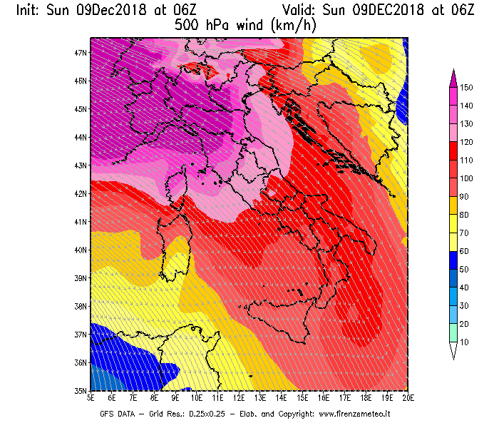 Mappa di analisi GFS - Velocità del vento a 500 hPa [km/h] in Italia
									del 09/12/2018 06 <!--googleoff: index-->UTC<!--googleon: index-->