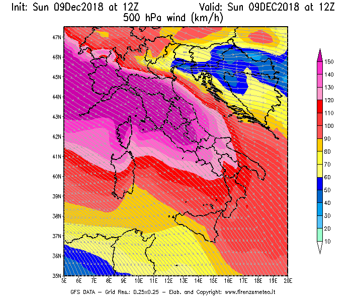 Mappa di analisi GFS - Velocità del vento a 500 hPa [km/h] in Italia
									del 09/12/2018 12 <!--googleoff: index-->UTC<!--googleon: index-->