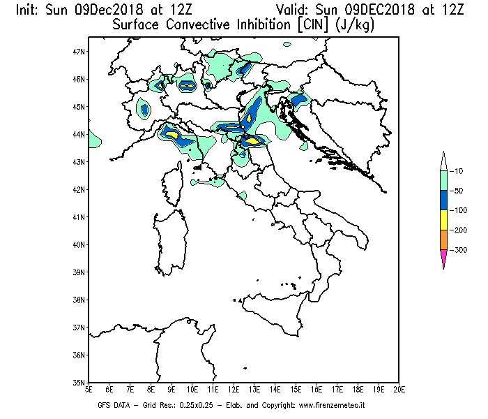Mappa di analisi GFS - CIN [J/kg] in Italia
									del 09/12/2018 12 <!--googleoff: index-->UTC<!--googleon: index-->
