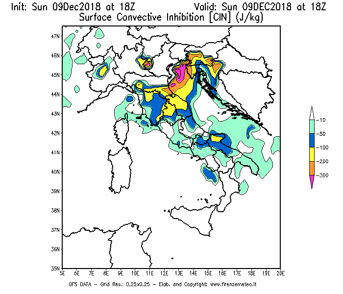 Mappa di analisi GFS - CIN [J/kg] in Italia
									del 09/12/2018 18 <!--googleoff: index-->UTC<!--googleon: index-->