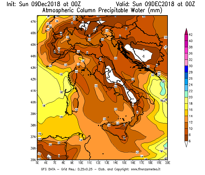 Mappa di analisi GFS - Precipitable Water [mm] in Italia
									del 09/12/2018 00 <!--googleoff: index-->UTC<!--googleon: index-->
