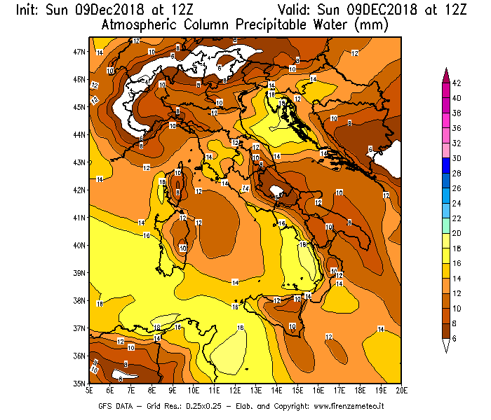 Mappa di analisi GFS - Precipitable Water [mm] in Italia
									del 09/12/2018 12 <!--googleoff: index-->UTC<!--googleon: index-->