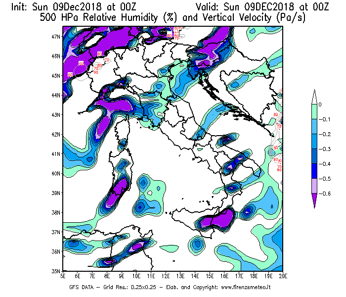 Mappa di analisi GFS - Umidità relativa [%] e Omega [Pa/s] a 500 hPa in Italia
									del 09/12/2018 00 <!--googleoff: index-->UTC<!--googleon: index-->
