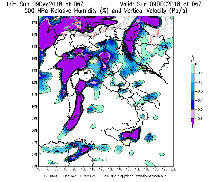 Mappa di analisi GFS - Umidità relativa [%] e Omega [Pa/s] a 500 hPa in Italia
									del 09/12/2018 06 <!--googleoff: index-->UTC<!--googleon: index-->