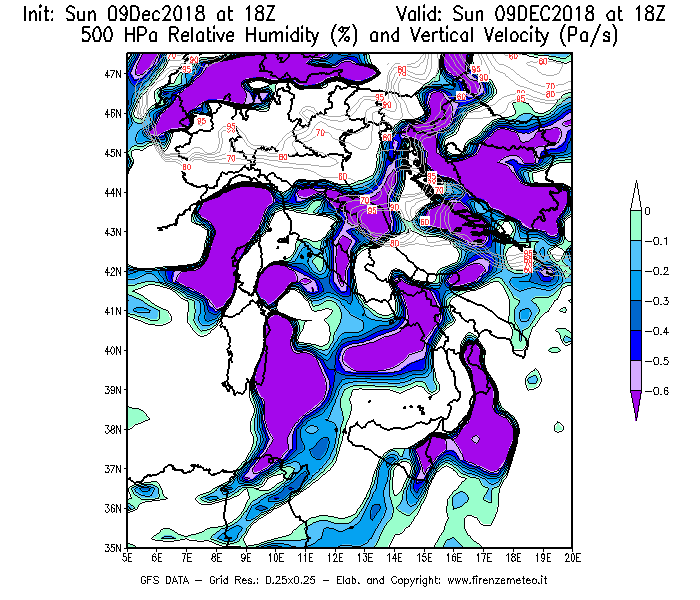 Mappa di analisi GFS - Umidità relativa [%] e Omega [Pa/s] a 500 hPa in Italia
									del 09/12/2018 18 <!--googleoff: index-->UTC<!--googleon: index-->