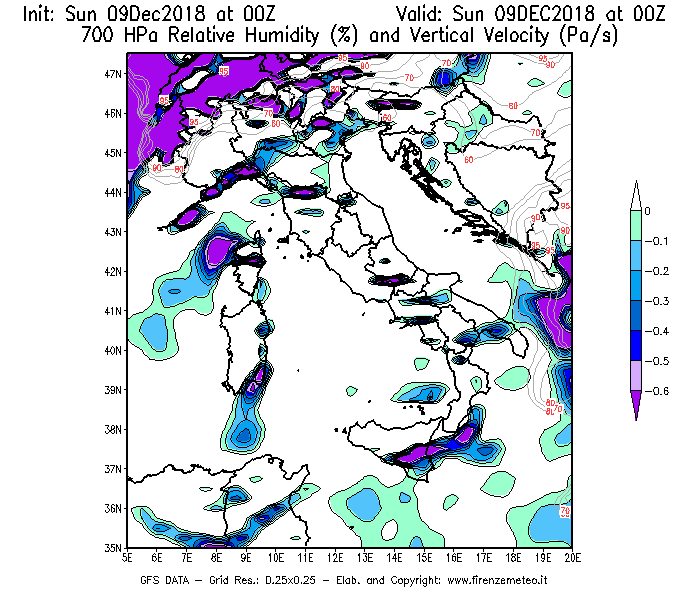 Mappa di analisi GFS - Umidità relativa [%] e Omega [Pa/s] a 700 hPa in Italia
									del 09/12/2018 00 <!--googleoff: index-->UTC<!--googleon: index-->