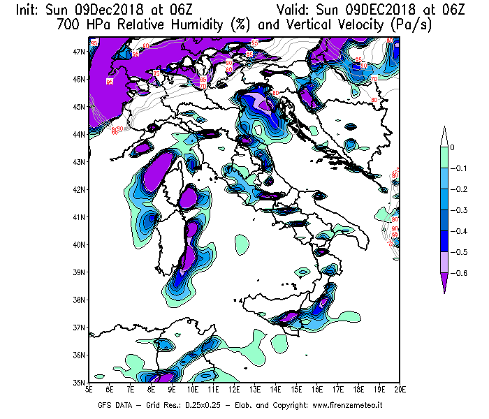 Mappa di analisi GFS - Umidità relativa [%] e Omega [Pa/s] a 700 hPa in Italia
									del 09/12/2018 06 <!--googleoff: index-->UTC<!--googleon: index-->