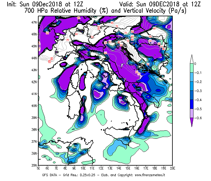 Mappa di analisi GFS - Umidità relativa [%] e Omega [Pa/s] a 700 hPa in Italia
									del 09/12/2018 12 <!--googleoff: index-->UTC<!--googleon: index-->