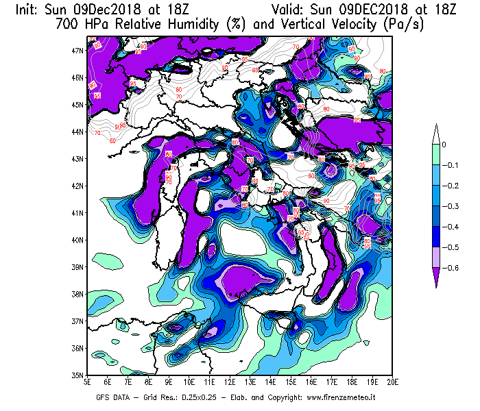 Mappa di analisi GFS - Umidità relativa [%] e Omega [Pa/s] a 700 hPa in Italia
									del 09/12/2018 18 <!--googleoff: index-->UTC<!--googleon: index-->