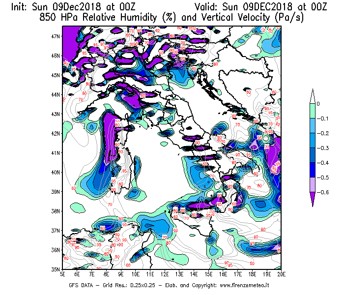 Mappa di analisi GFS - Umidità relativa [%] e Omega [Pa/s] a 850 hPa in Italia
									del 09/12/2018 00 <!--googleoff: index-->UTC<!--googleon: index-->