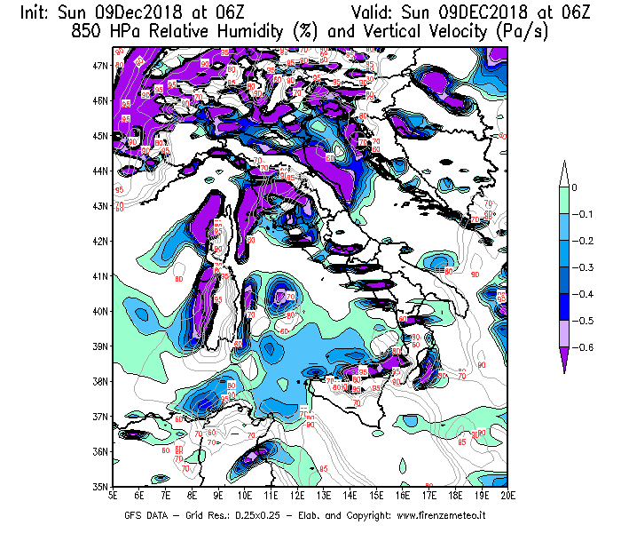 Mappa di analisi GFS - Umidità relativa [%] e Omega [Pa/s] a 850 hPa in Italia
									del 09/12/2018 06 <!--googleoff: index-->UTC<!--googleon: index-->