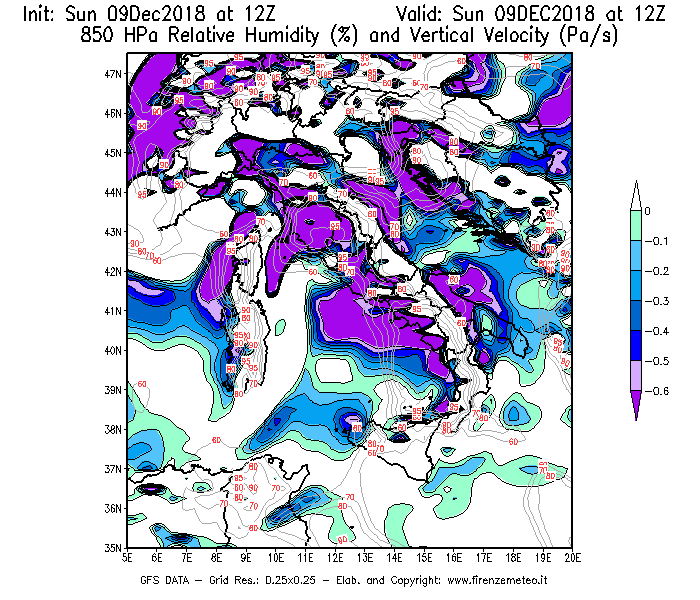 Mappa di analisi GFS - Umidità relativa [%] e Omega [Pa/s] a 850 hPa in Italia
									del 09/12/2018 12 <!--googleoff: index-->UTC<!--googleon: index-->