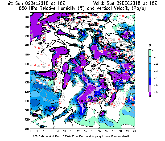 Mappa di analisi GFS - Umidità relativa [%] e Omega [Pa/s] a 850 hPa in Italia
									del 09/12/2018 18 <!--googleoff: index-->UTC<!--googleon: index-->