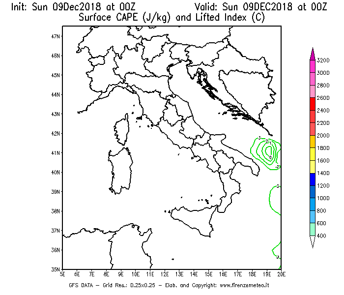 Mappa di analisi GFS - CAPE [J/kg] e Lifted Index [°C] in Italia
									del 09/12/2018 00 <!--googleoff: index-->UTC<!--googleon: index-->