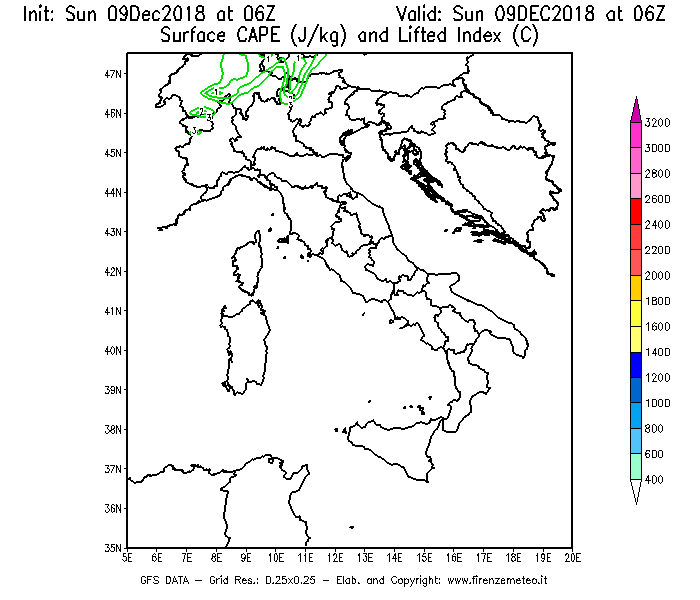 Mappa di analisi GFS - CAPE [J/kg] e Lifted Index [°C] in Italia
									del 09/12/2018 06 <!--googleoff: index-->UTC<!--googleon: index-->