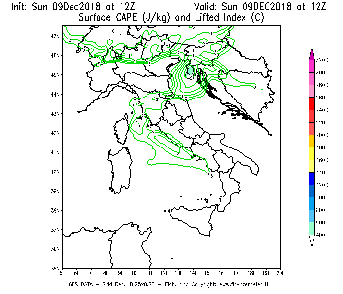 Mappa di analisi GFS - CAPE [J/kg] e Lifted Index [°C] in Italia
									del 09/12/2018 12 <!--googleoff: index-->UTC<!--googleon: index-->