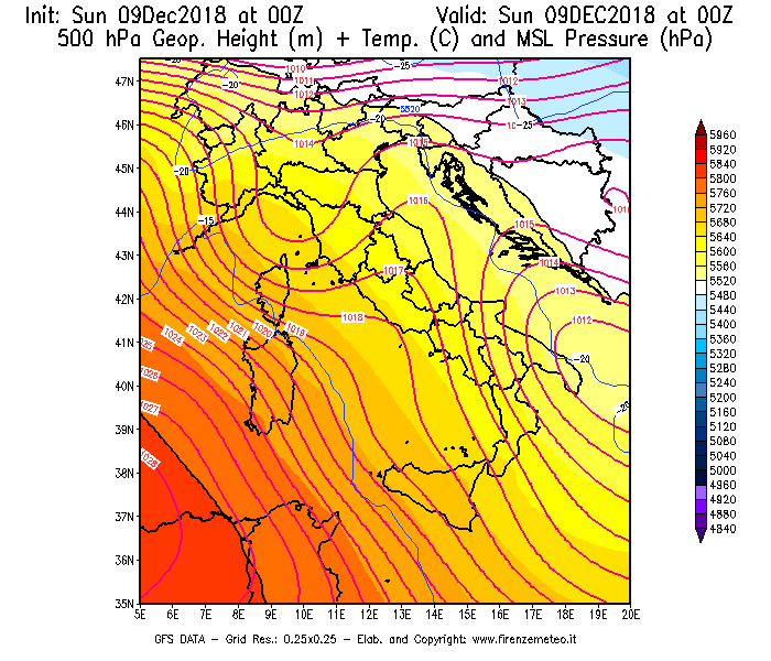 Mappa di analisi GFS - Geopotenziale [m] + Temp. [°C] a 500 hPa + Press. a livello del mare [hPa] in Italia
									del 09/12/2018 00 <!--googleoff: index-->UTC<!--googleon: index-->