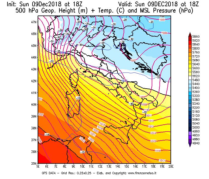 Mappa di analisi GFS - Geopotenziale [m] + Temp. [°C] a 500 hPa + Press. a livello del mare [hPa] in Italia
									del 09/12/2018 18 <!--googleoff: index-->UTC<!--googleon: index-->