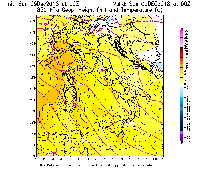 Mappa di analisi GFS - Geopotenziale [m] e Temperatura [°C] a 850 hPa in Italia
									del 09/12/2018 00 <!--googleoff: index-->UTC<!--googleon: index-->