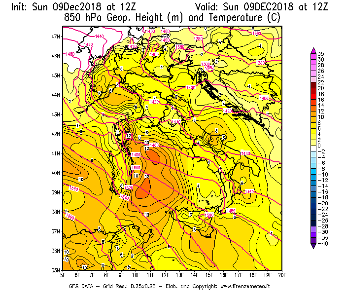 Mappa di analisi GFS - Geopotenziale [m] e Temperatura [°C] a 850 hPa in Italia
									del 09/12/2018 12 <!--googleoff: index-->UTC<!--googleon: index-->
