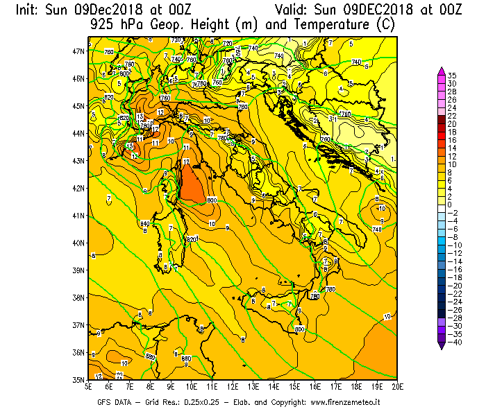 Mappa di analisi GFS - Geopotenziale [m] e Temperatura [°C] a 925 hPa in Italia
									del 09/12/2018 00 <!--googleoff: index-->UTC<!--googleon: index-->