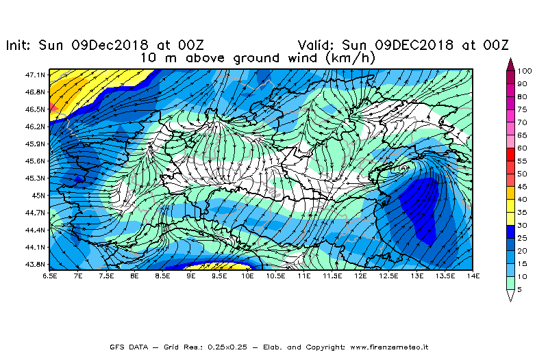 Mappa di analisi GFS - Velocità del vento a 10 metri dal suolo [km/h] in Nord-Italia
									del 09/12/2018 00 <!--googleoff: index-->UTC<!--googleon: index-->