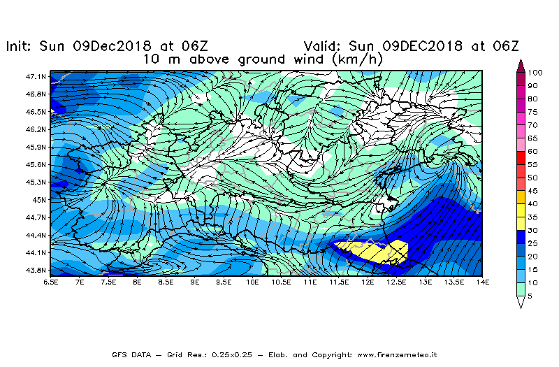 Mappa di analisi GFS - Velocità del vento a 10 metri dal suolo [km/h] in Nord-Italia
									del 09/12/2018 06 <!--googleoff: index-->UTC<!--googleon: index-->