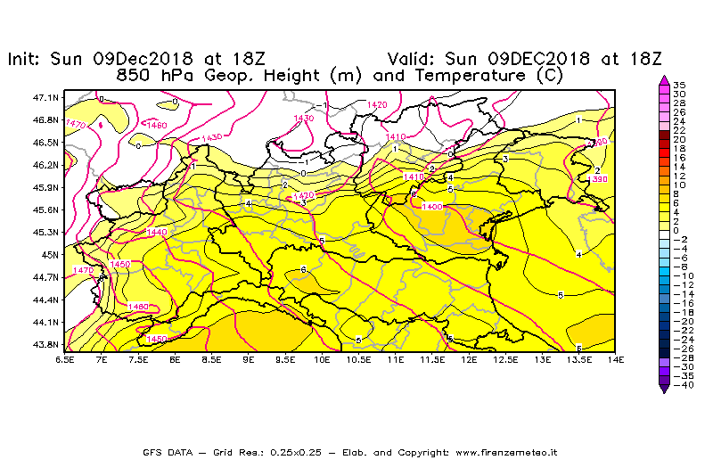 Mappa di analisi GFS - Geopotenziale [m] e Temperatura [°C] a 850 hPa in Nord-Italia
									del 09/12/2018 18 <!--googleoff: index-->UTC<!--googleon: index-->