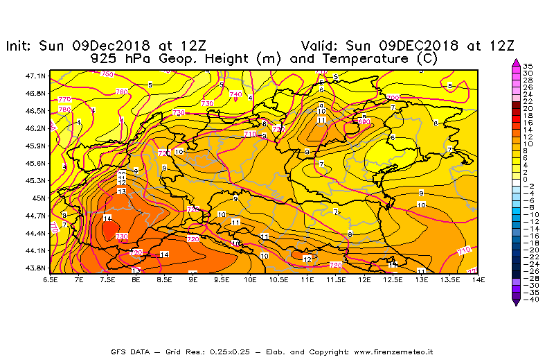 Mappa di analisi GFS - Geopotenziale [m] e Temperatura [°C] a 925 hPa in Nord-Italia
									del 09/12/2018 12 <!--googleoff: index-->UTC<!--googleon: index-->