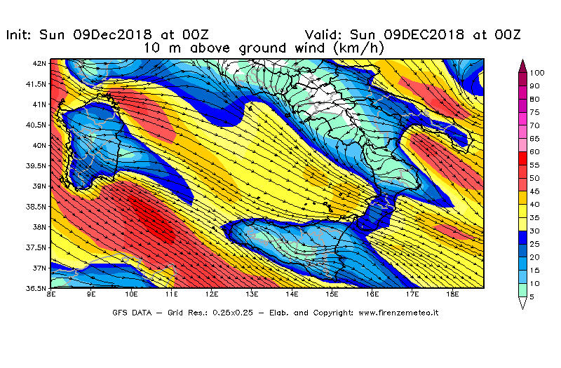 Mappa di analisi GFS - Velocità del vento a 10 metri dal suolo [km/h] in Sud-Italia
									del 09/12/2018 00 <!--googleoff: index-->UTC<!--googleon: index-->