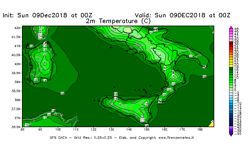 Mappa di analisi GFS - Temperatura a 2 metri dal suolo [°C] in Sud-Italia
									del 09/12/2018 00 <!--googleoff: index-->UTC<!--googleon: index-->