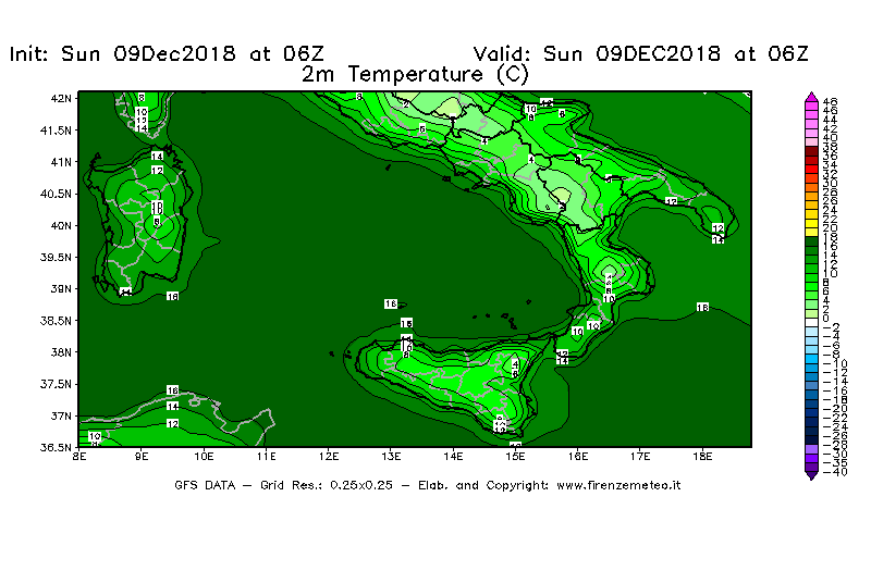 Mappa di analisi GFS - Temperatura a 2 metri dal suolo [°C] in Sud-Italia
									del 09/12/2018 06 <!--googleoff: index-->UTC<!--googleon: index-->