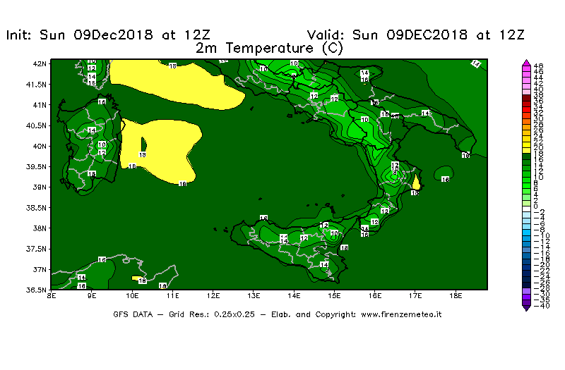 Mappa di analisi GFS - Temperatura a 2 metri dal suolo [°C] in Sud-Italia
									del 09/12/2018 12 <!--googleoff: index-->UTC<!--googleon: index-->