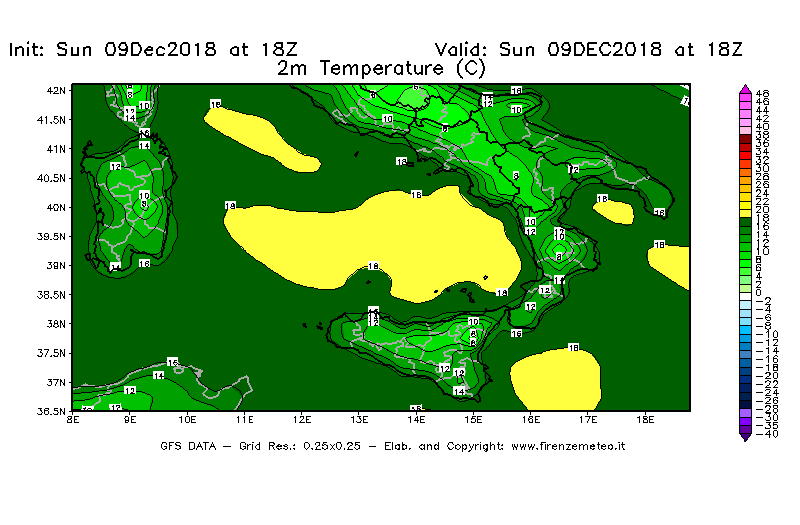 Mappa di analisi GFS - Temperatura a 2 metri dal suolo [°C] in Sud-Italia
									del 09/12/2018 18 <!--googleoff: index-->UTC<!--googleon: index-->