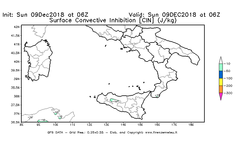 Mappa di analisi GFS - CIN [J/kg] in Sud-Italia
									del 09/12/2018 06 <!--googleoff: index-->UTC<!--googleon: index-->