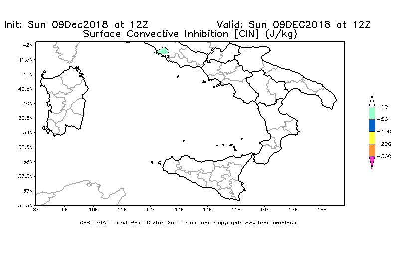 Mappa di analisi GFS - CIN [J/kg] in Sud-Italia
									del 09/12/2018 12 <!--googleoff: index-->UTC<!--googleon: index-->