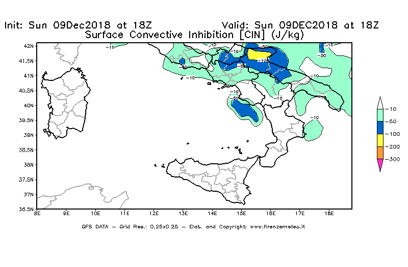Mappa di analisi GFS - CIN [J/kg] in Sud-Italia
									del 09/12/2018 18 <!--googleoff: index-->UTC<!--googleon: index-->