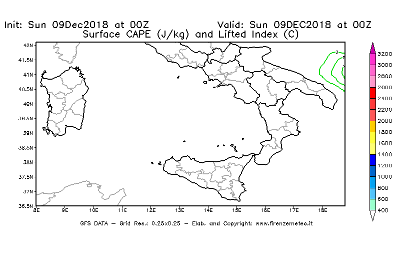 Mappa di analisi GFS - CAPE [J/kg] e Lifted Index [°C] in Sud-Italia
									del 09/12/2018 00 <!--googleoff: index-->UTC<!--googleon: index-->