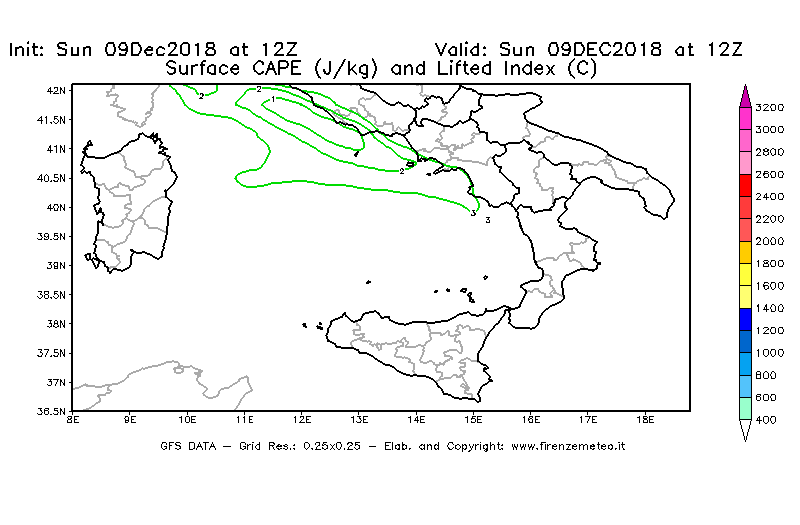 Mappa di analisi GFS - CAPE [J/kg] e Lifted Index [°C] in Sud-Italia
									del 09/12/2018 12 <!--googleoff: index-->UTC<!--googleon: index-->