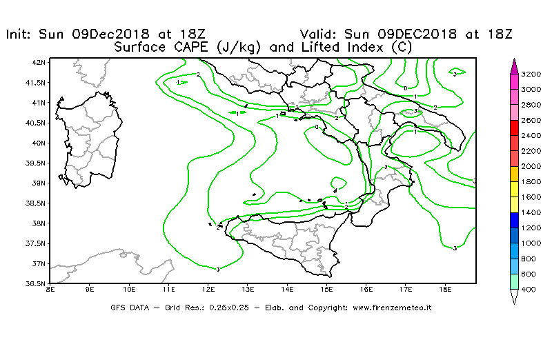 Mappa di analisi GFS - CAPE [J/kg] e Lifted Index [°C] in Sud-Italia
									del 09/12/2018 18 <!--googleoff: index-->UTC<!--googleon: index-->