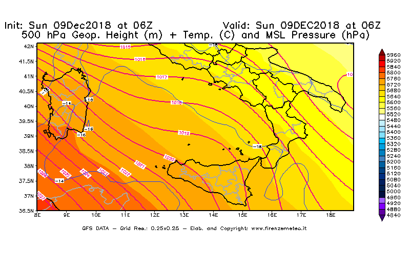 Mappa di analisi GFS - Geopotenziale [m] + Temp. [°C] a 500 hPa + Press. a livello del mare [hPa] in Sud-Italia
									del 09/12/2018 06 <!--googleoff: index-->UTC<!--googleon: index-->