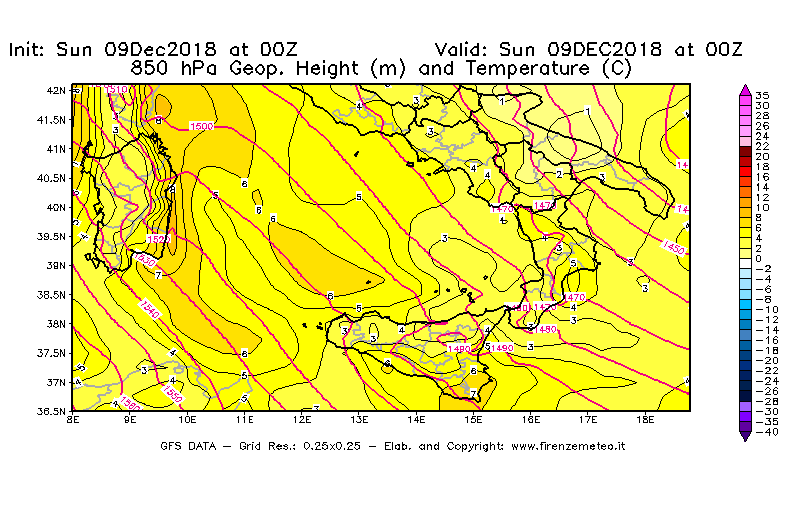 Mappa di analisi GFS - Geopotenziale [m] e Temperatura [°C] a 850 hPa in Sud-Italia
									del 09/12/2018 00 <!--googleoff: index-->UTC<!--googleon: index-->