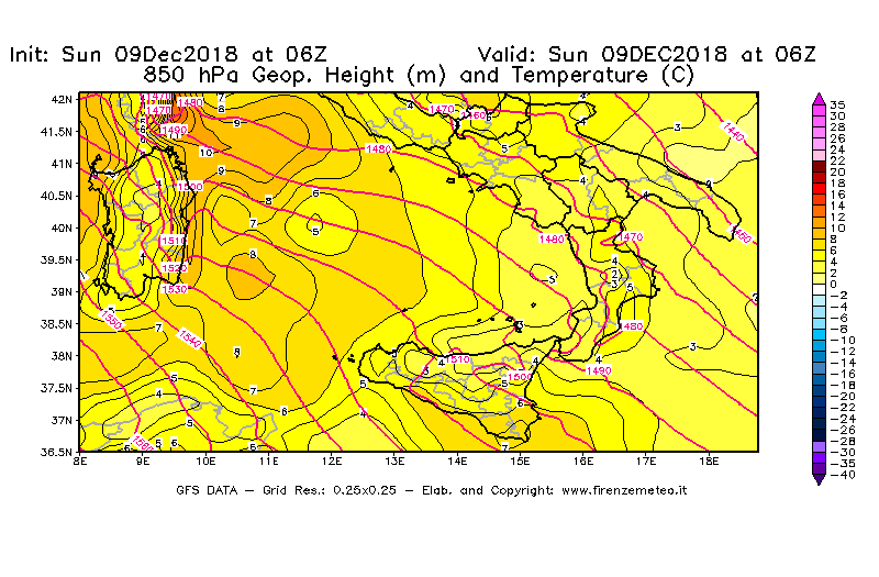 Mappa di analisi GFS - Geopotenziale [m] e Temperatura [°C] a 850 hPa in Sud-Italia
									del 09/12/2018 06 <!--googleoff: index-->UTC<!--googleon: index-->
