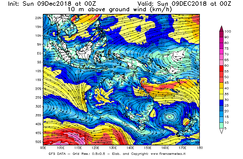 Mappa di analisi GFS - Velocità del vento a 10 metri dal suolo [km/h] in Oceania
									del 09/12/2018 00 <!--googleoff: index-->UTC<!--googleon: index-->