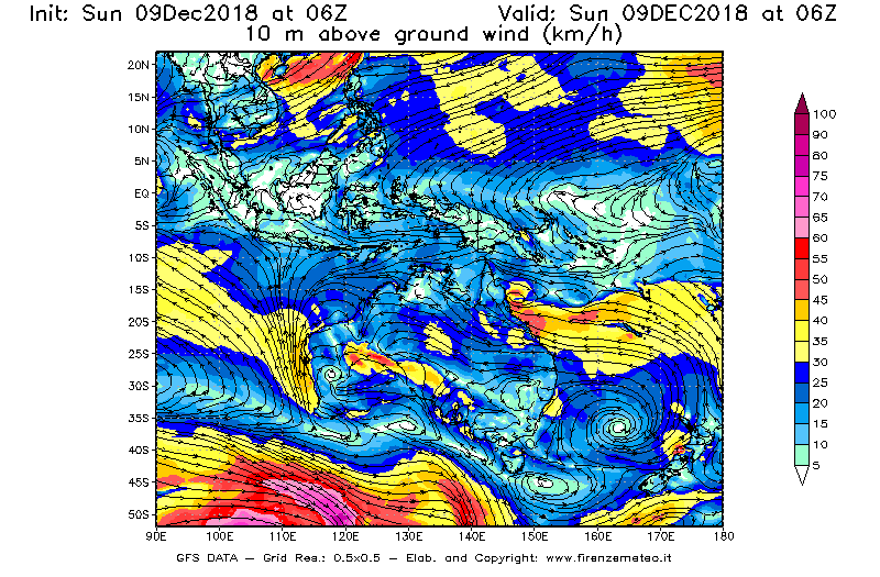 Mappa di analisi GFS - Velocità del vento a 10 metri dal suolo [km/h] in Oceania
									del 09/12/2018 06 <!--googleoff: index-->UTC<!--googleon: index-->