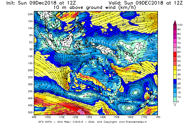 Mappa di analisi GFS - Velocità del vento a 10 metri dal suolo [km/h] in Oceania
									del 09/12/2018 12 <!--googleoff: index-->UTC<!--googleon: index-->