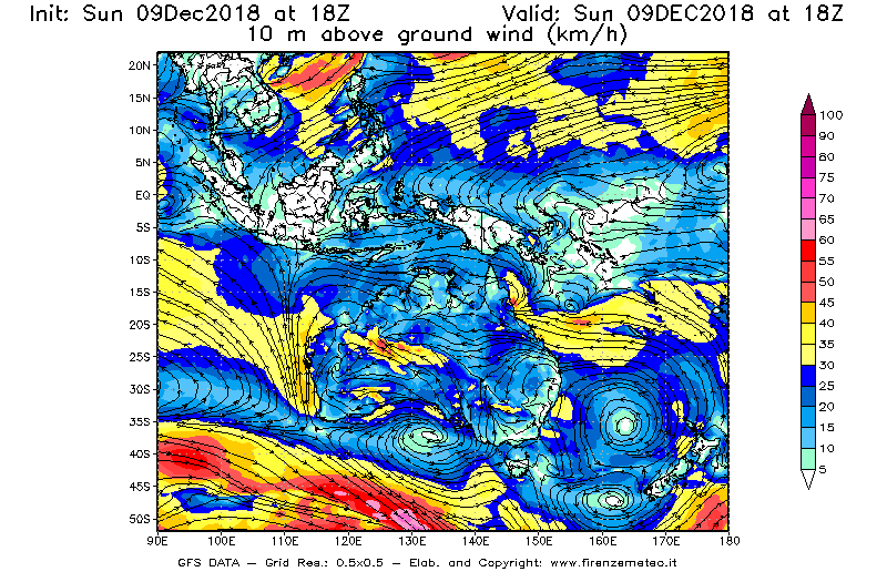 Mappa di analisi GFS - Velocità del vento a 10 metri dal suolo [km/h] in Oceania
									del 09/12/2018 18 <!--googleoff: index-->UTC<!--googleon: index-->