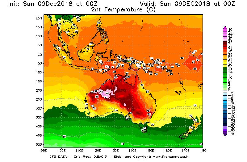 Mappa di analisi GFS - Temperatura a 2 metri dal suolo [°C] in Oceania
									del 09/12/2018 00 <!--googleoff: index-->UTC<!--googleon: index-->